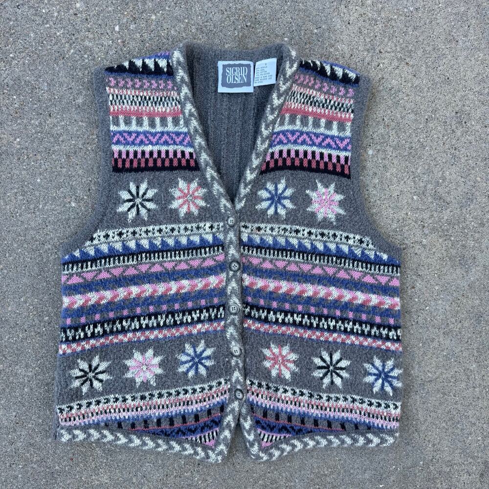 Vintage 90s Sigrid Olsen Fair Isle Boho Cottagecore Floral Stripe Sweater Vest S
